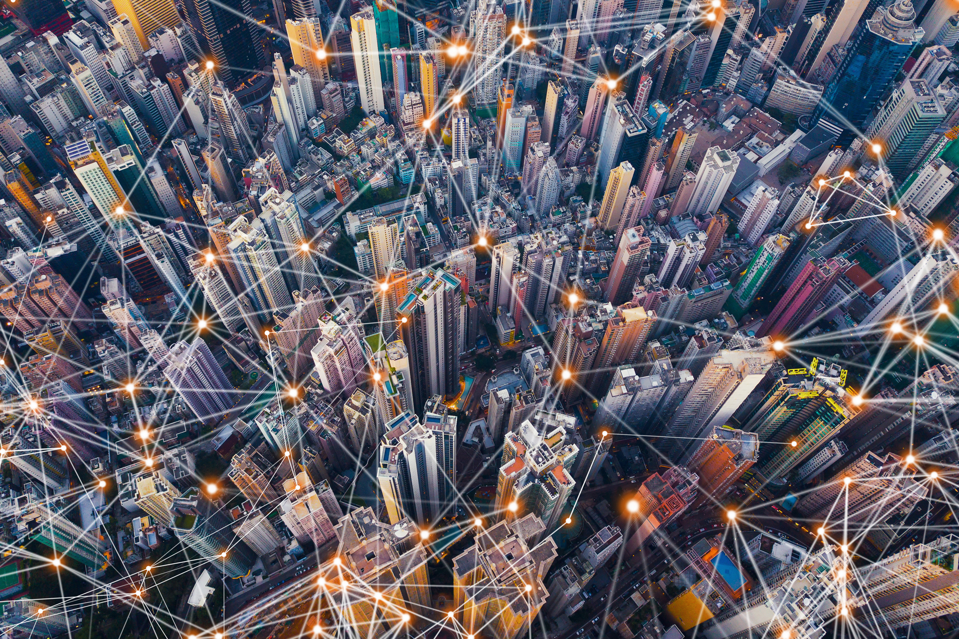 Digital network connection lines of Hong Kong Downtown. Financial district and business centers in smart city in technology concept. Top view of skyscraper and high-rise buildings. Aerial view